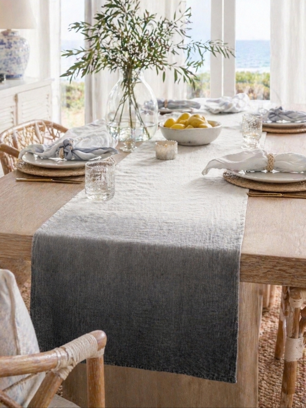 Pottery Barn Stevie Ombre Linen Runner Cool Gray Charcoal 18x108